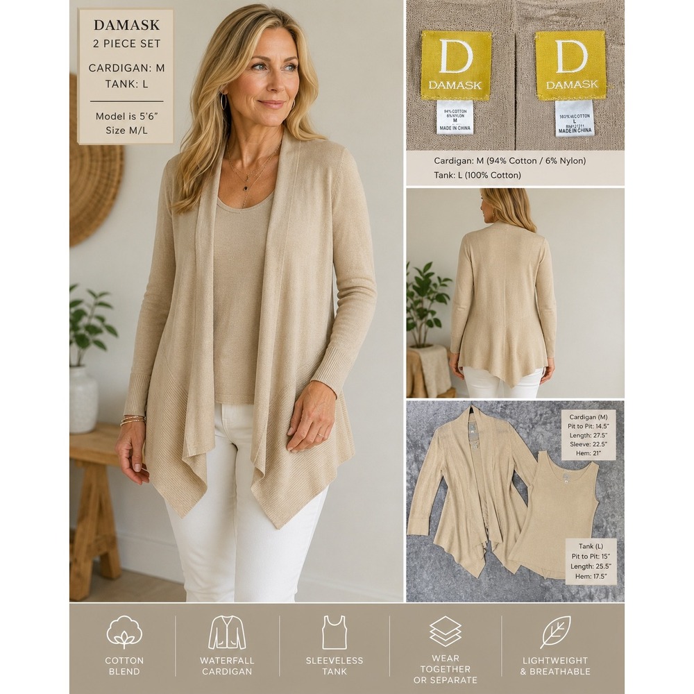 Damask 2 Piece Cardigan Tank Set M L Beige Cotton Waterfall Quiet Luxury